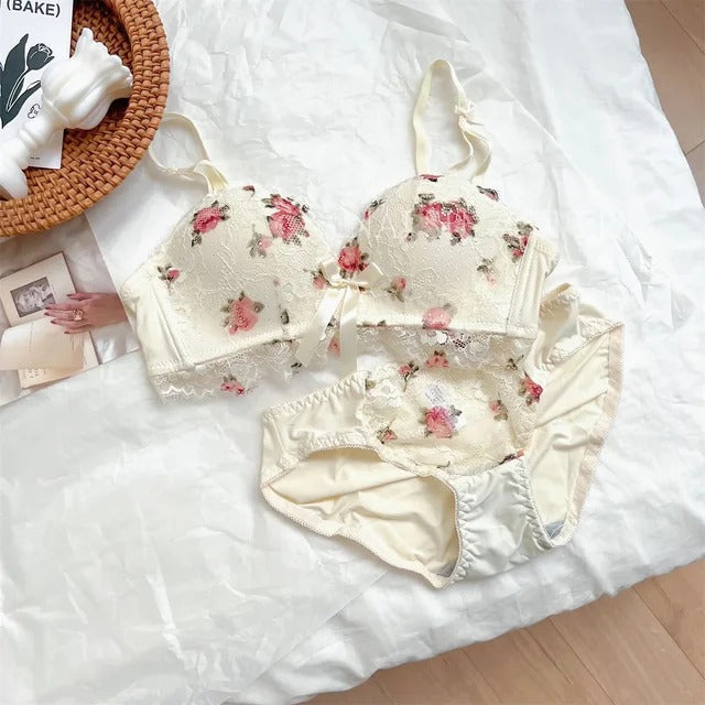 Cute Lace Flower Embroided Adjustable Straps Push Up Bridal Padded Bra and panty 017
