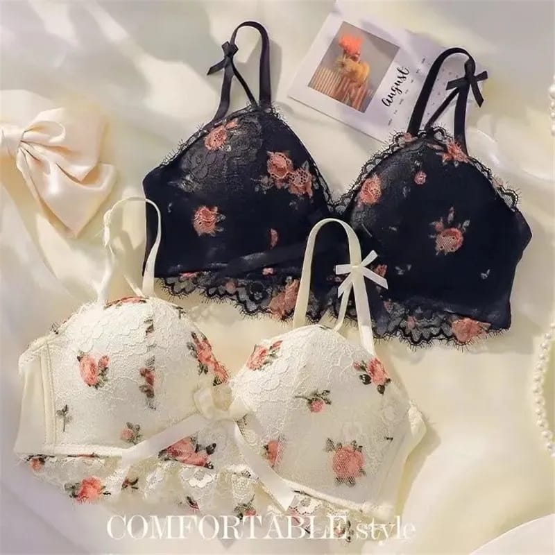 Cute Lace Flower Embroided Adjustable Straps Push Up Bridal Padded Bra 017