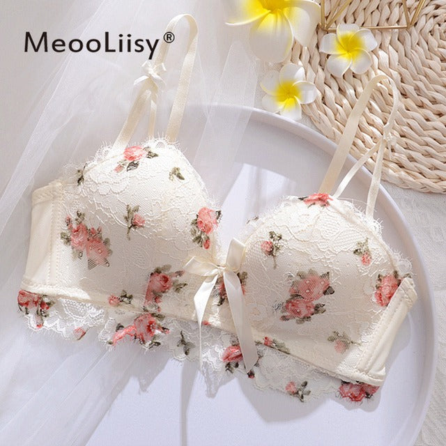 Cute Lace Flower Embroided Adjustable Straps Push Up Bridal Padded Bra 017