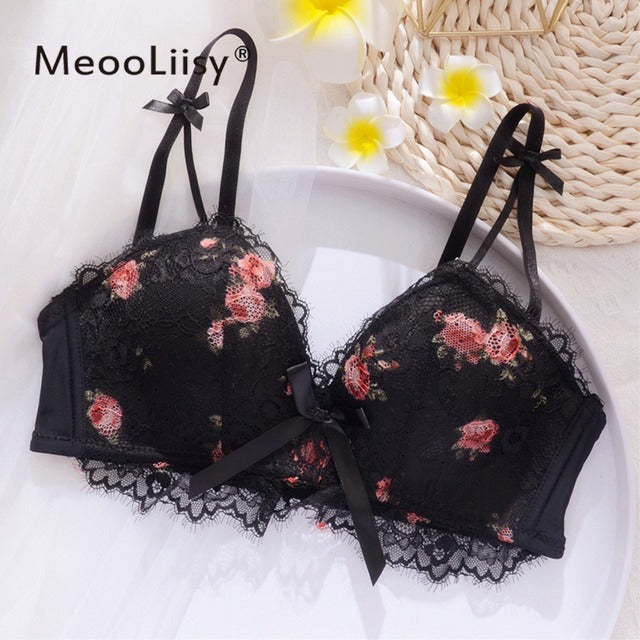 Cute Lace Flower Embroided Adjustable Straps Push Up Bridal Padded Bra 017