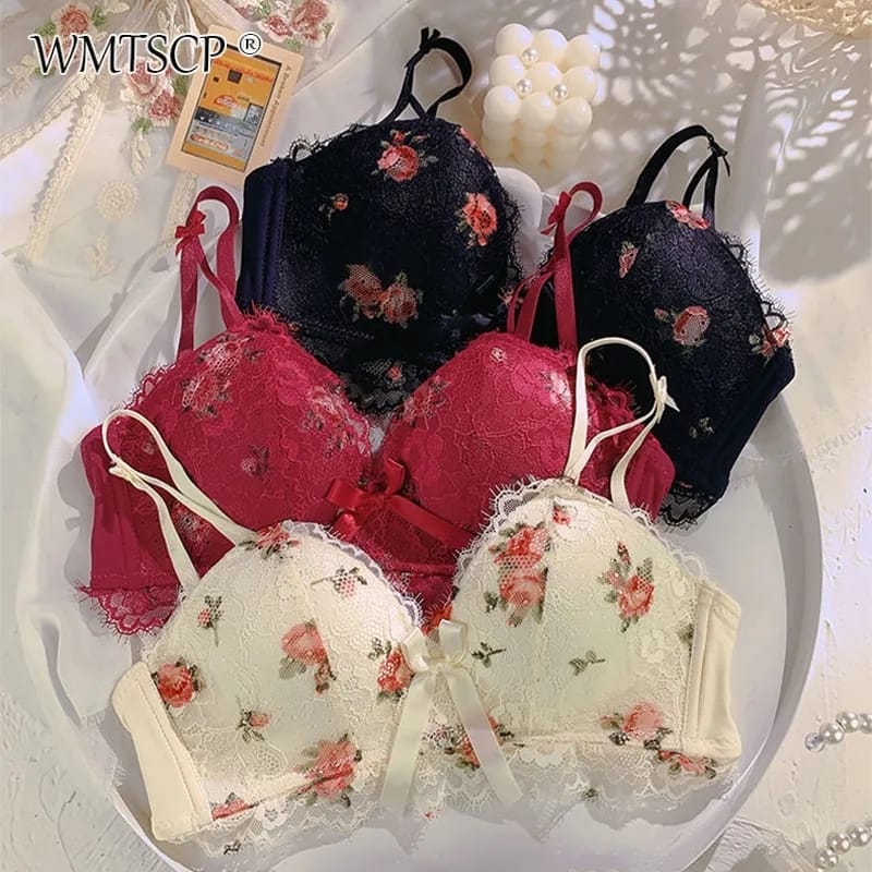 Cute Lace Flower Embroided Adjustable Straps Push Up Bridal Padded Bra 017